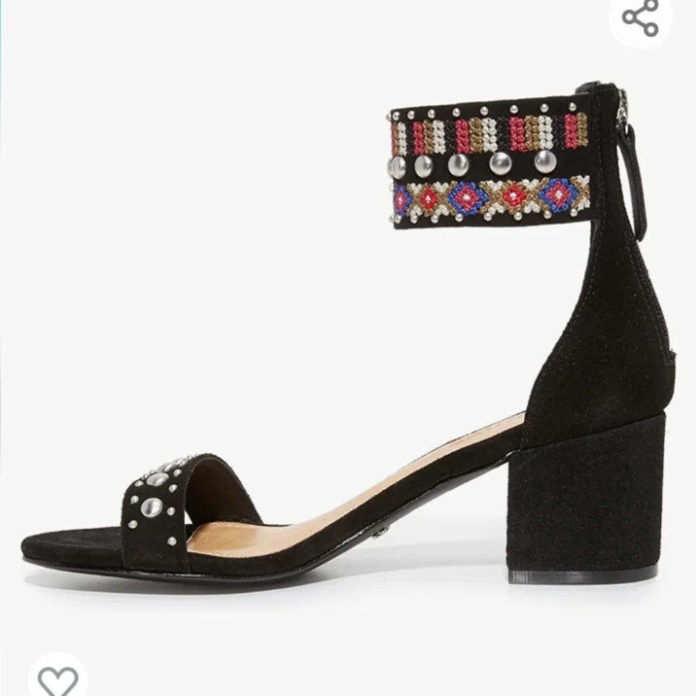 SCHULTZ Studded Embroidered Ankle Strap Chunky Low Heel Sandals